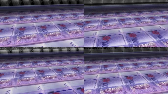 马来西亚，马来西亚林吉特印刷机打印出当前100林吉特钞票，无缝循环，马来西亚货币背景，4K，聚焦深度