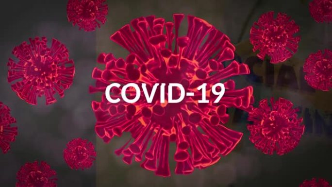 多个红色病毒细胞上的covid 19文本动画