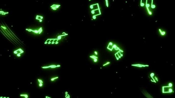 黑屏上的动画绿色音符。