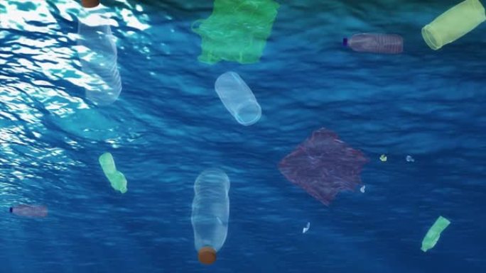 海洋中的水下塑料垃圾。塑料垃圾污染的水。3D动画海洋废塑料瓶和袋。