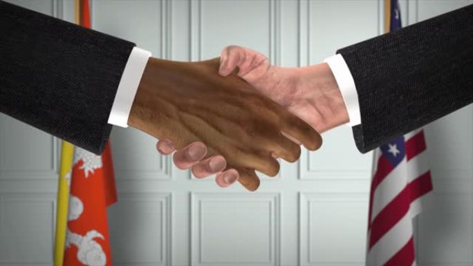 不丹和美国的商业伙伴关系协议。国家政府旗帜。官方外交握手说明动画。协议商人握手