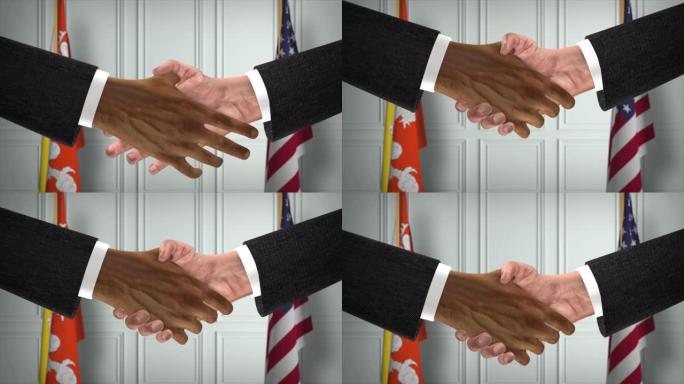不丹和美国的商业伙伴关系协议。国家政府旗帜。官方外交握手说明动画。协议商人握手