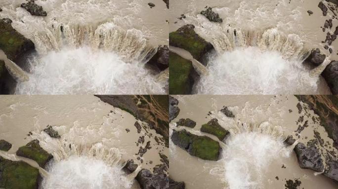 冰岛戈达福斯瀑布的4k空中无人机镜头。