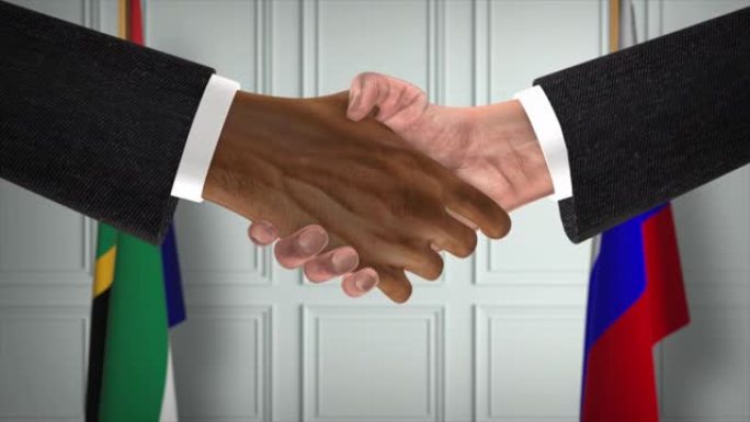 南非与俄罗斯协议握手，政治例证。正式会议或合作，商务见面。商人和政客握手