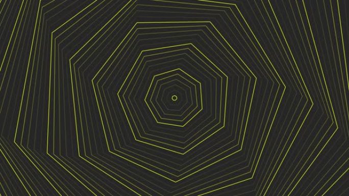 深灰色黑色背景循环上的黄色纤细自旋七边形星形简单扁平几何。星空七边形旋转无线电波无尽的创意动画。旋转