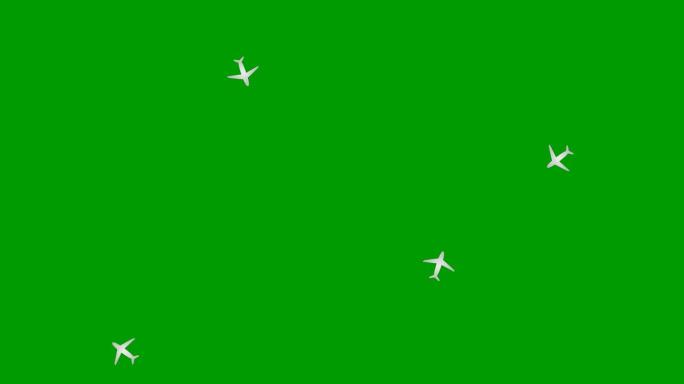 动画银色飞机沿着一圈轨迹飞行。飞机旅行的概念。环游世界。循环视频。孤立在绿色背景上的平面插图。