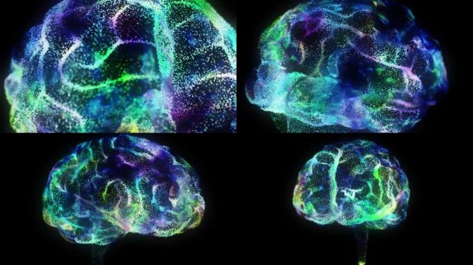 围绕人工智能数字大脑旋转。大脑由有色粒子组成