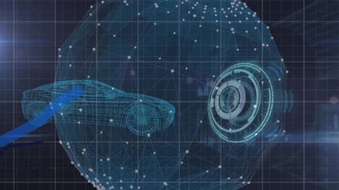 全球范围扫描和蓝线处理的动画和3d汽车模型旋转