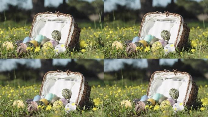 一个柳条篮正躺在森林里一片黄花的草地上，鸡蛋都撒在草地上。帕诺