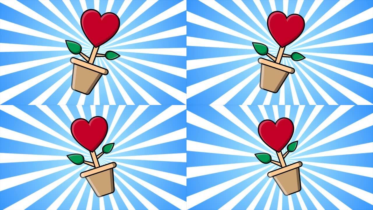在蓝色光线背景下的花盆中，花盆的形状是情人节爱的心形象征。摘要背景。高质量4k视频，运动设计