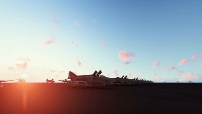 军用机场和喷气式飞机在日落动画