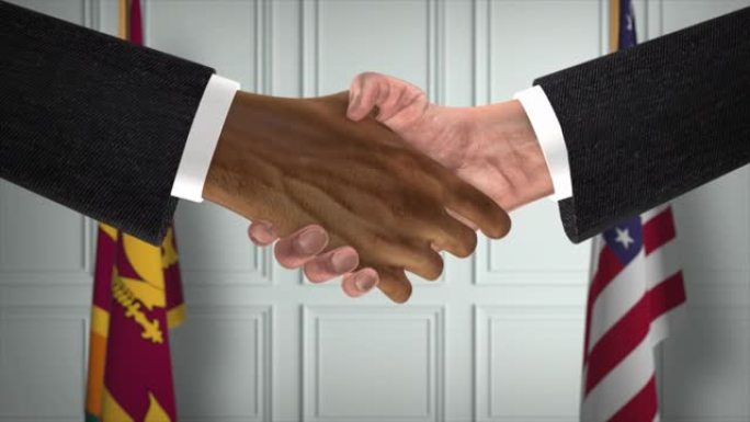 斯里兰卡和美国商业伙伴关系协议。国家政府旗帜。官方外交握手说明动画。协议商人握手