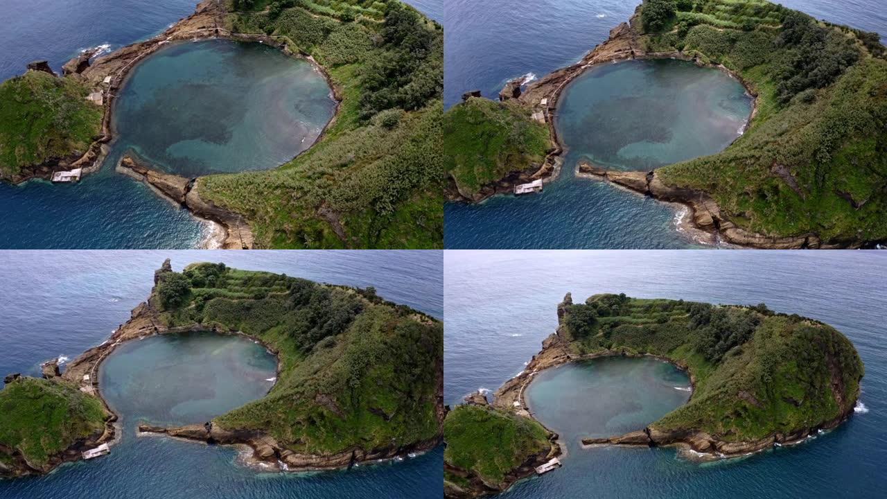 亚速尔群岛维拉弗兰卡·多坎波圆形泻湖陨石坑的小岛，空中。