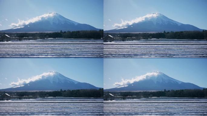 富士山附近冬季大片农田被雪覆盖