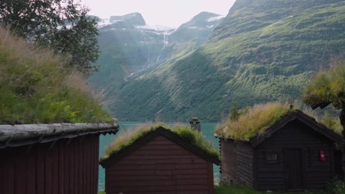 带苔藓覆盖屋顶的挪威村庄的风景