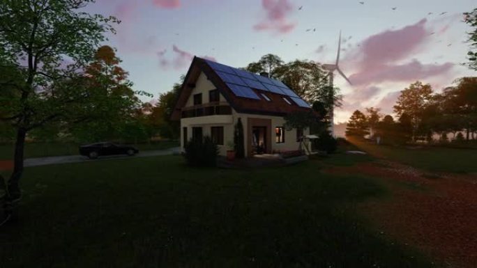 绿色的房子，有太阳能电池板和风力涡轮机在湖边，在美丽的日落下，平移4K