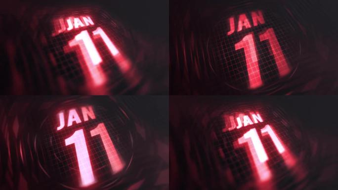 3d运动图形中的1月11日。未来的红外日历和科技发光霓虹灯拍摄，发光二极管纪念等。4k in循环