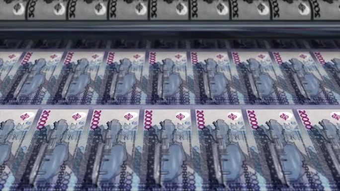 哈萨克斯坦，哈萨克斯坦坚戈印刷机打印出当前20000坚戈钞票，无缝循环，哈萨克斯坦货币背景，4K，聚