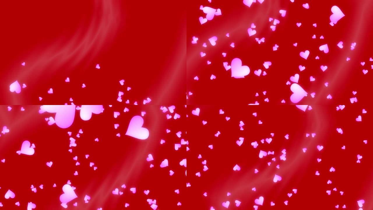 心形颗粒在从左向右移动的红色渐变背景上直线上升，表面有光泽。情人节快乐。摘要背景。