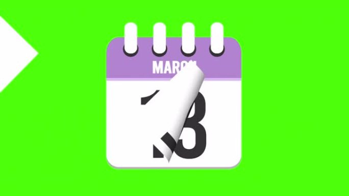 3月22日。日历出现，页面下降到3月22日。绿色背景，色度键 (4k循环)