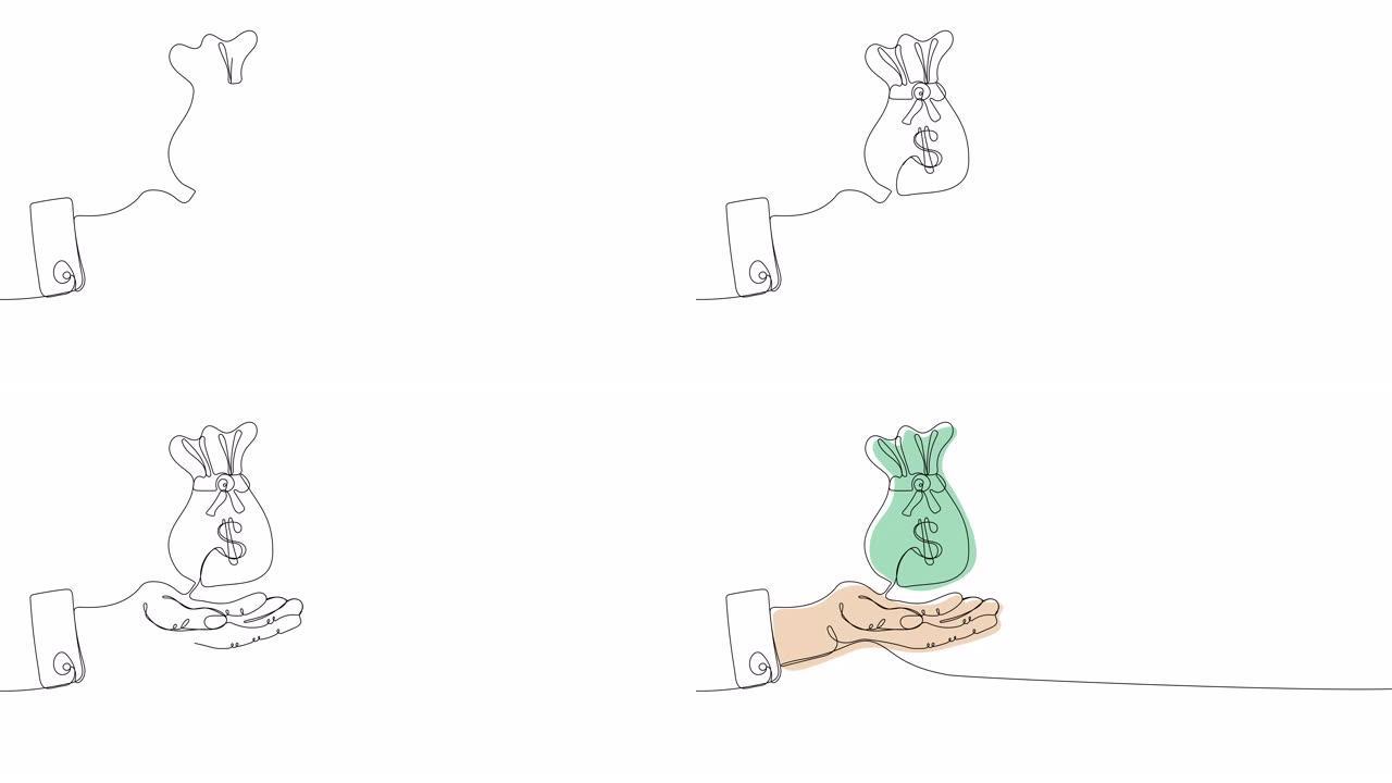 动画连续一张美元手握钱袋的线条图。商业和金融概念