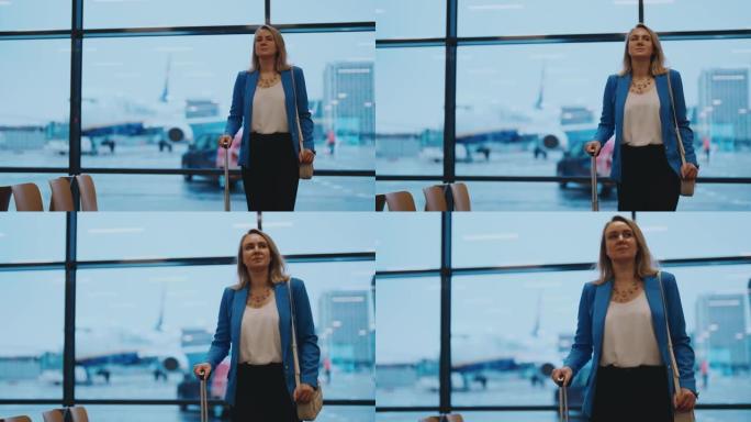 带着手提箱走在机场航站楼的女人。