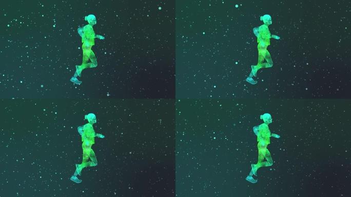 绿色粒子形成未来派赛跑者的4k视频。