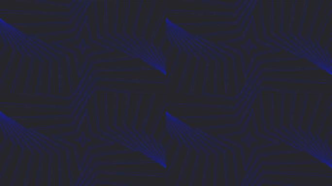 深灰色黑色背景循环上的蓝色纤细自旋四角星简单平坦几何。星光灿烂的旋转电波无尽的创意动画。旋转星星无缝