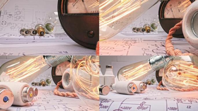 低压爱迪生灯泡。图表上的灯泡和电缆。