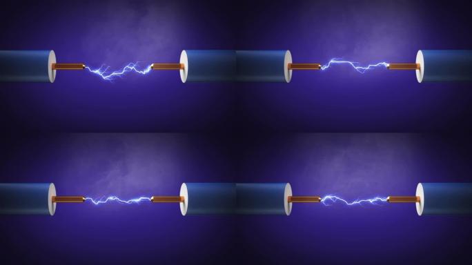 两根铜线之间的电火花和烟雾。两根与闪电接触的电缆。展示科学问题和能源。电线电，连接，高压概念。