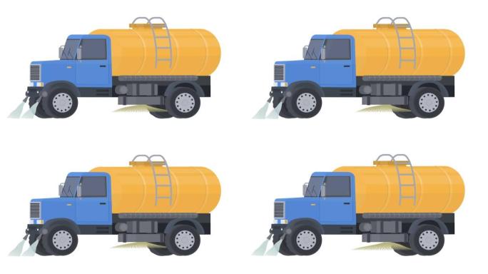 浇水卡车。带有坦克的市政卡车的动画。卡通