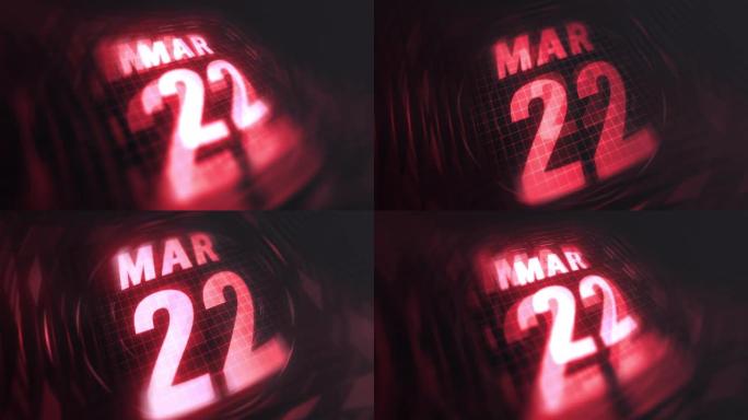 3月22日在3d运动图形中。未来的红外日历和科技发光霓虹灯拍摄，发光二极管纪念等。4k in循环
