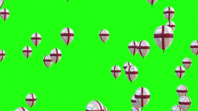 英格兰国旗氦气球，从下到上飞行，在绿屏背景上隔离，4k视频元素