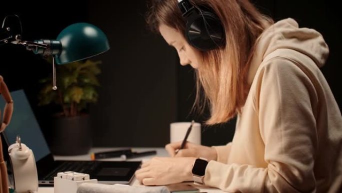 女人晚上在家工作，使用笔记本电脑