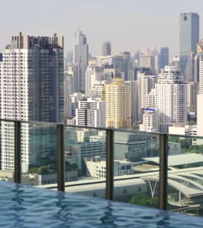 泰国曼谷公寓城市景观上的垂直视频无限边缘池