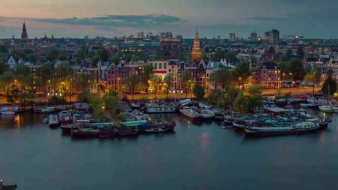 荷兰阿姆斯特丹日落码头港口屋顶全景4k延时