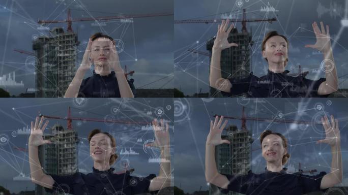 高加索妇女触摸虚拟屏幕的动画和城市景观上的连接网络
