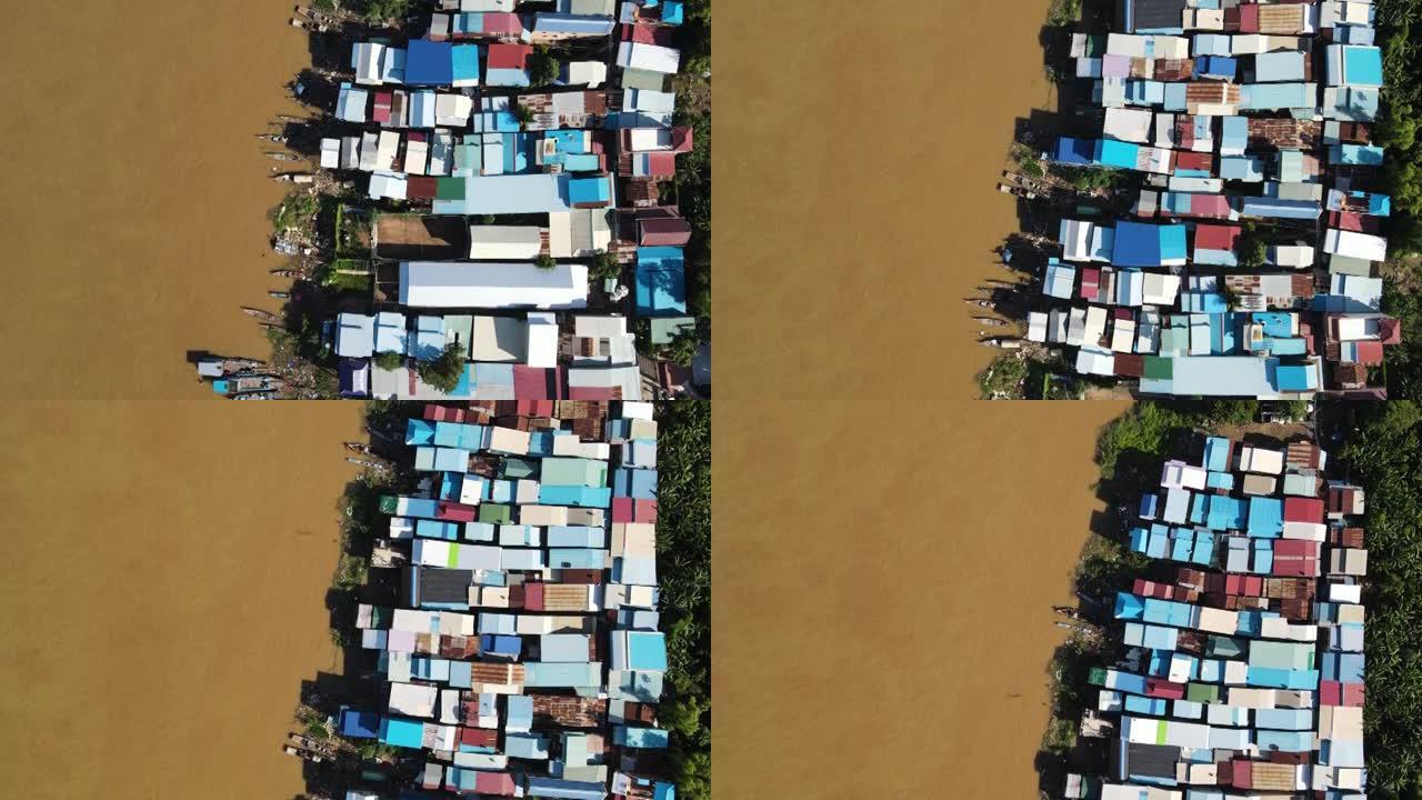 柬埔寨湄公河沿岸的营房鸟瞰图。