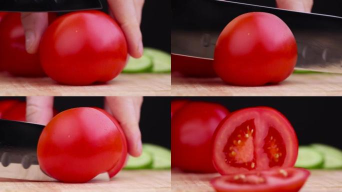 切成熟的红色西红柿，特写