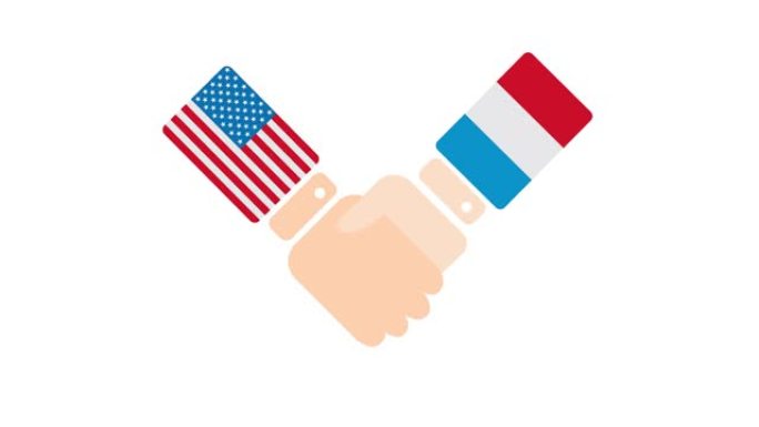 美国(美国)和法国握手，政客会面或合作的概念相关的2D卡通动画，孤立在白色背景上