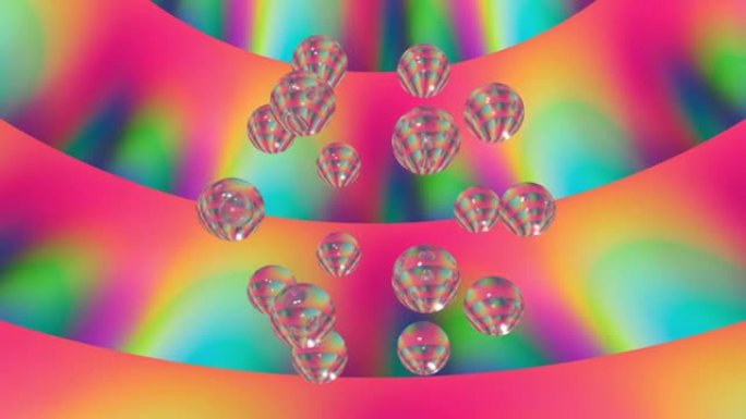 抽象玻璃球在流动的光谱蒸发波梯度内运行