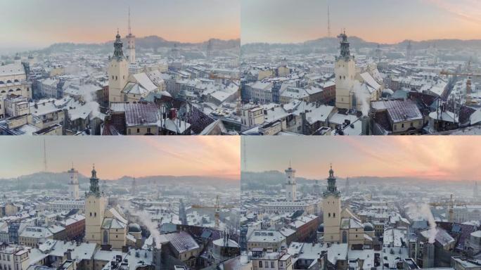乌克兰西部冬季利沃夫城市景观的鸟瞰图