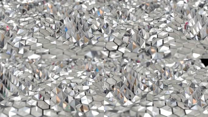 抛光金属或玻璃的抽象几何背景，浮动六边形图案，无尽的几何场。创意3d现代背景。