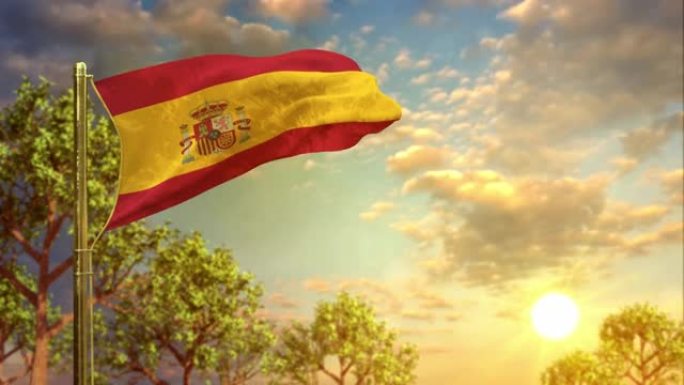 在国歌日日落时挥舞西班牙国旗