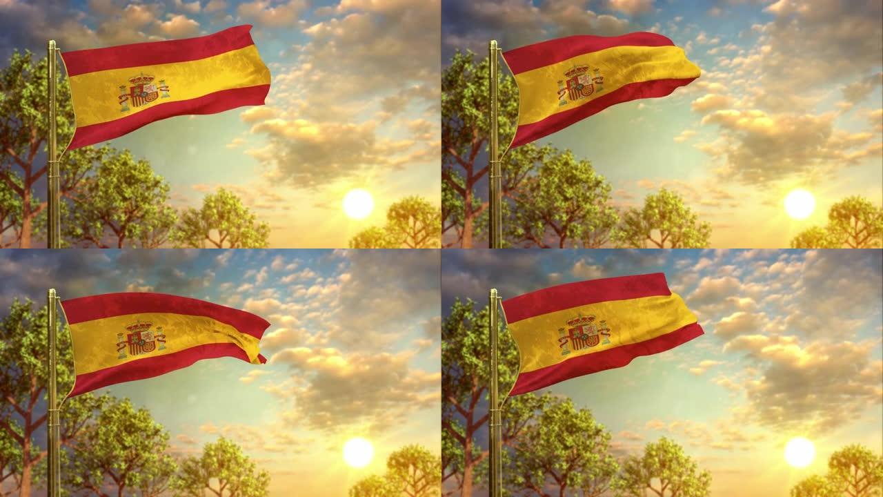 在国歌日日落时挥舞西班牙国旗