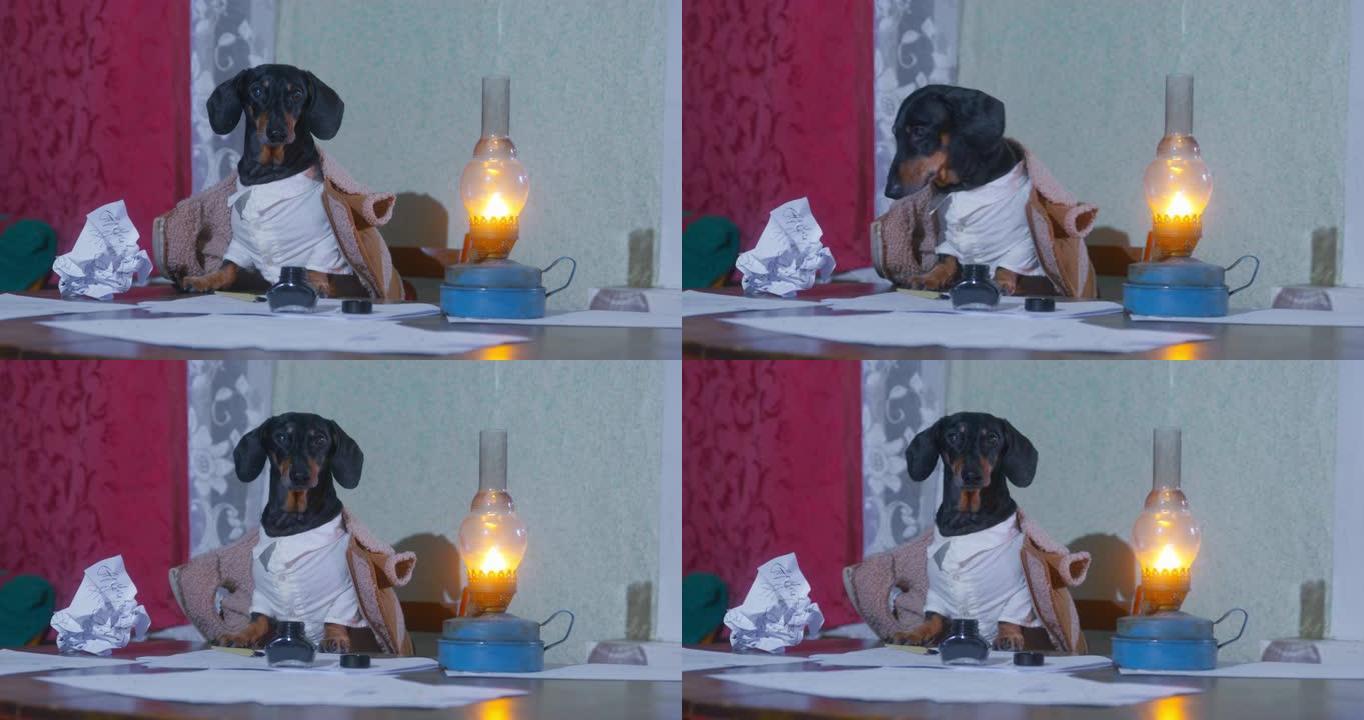 穿着白衬衫的黑色腊肠犬坐在木桌旁，乡村别墅的纸张上放着明亮的旧柴油灯和墨水瓶