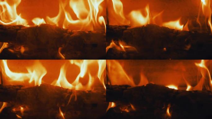 烤箱内木质火焰的极端高温，黄色细节的慢动作
