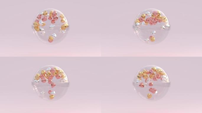 玻璃球心形内金色金属浮动3d渲染情人节概念