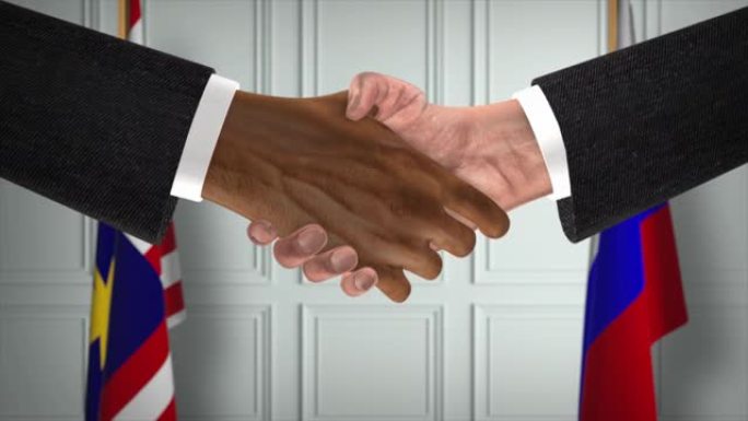 马来西亚和俄罗斯的协议握手，政治说明。正式会议或合作，商务见面。商人和政客握手