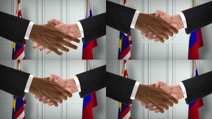 马来西亚和俄罗斯的协议握手，政治说明。正式会议或合作，商务见面。商人和政客握手